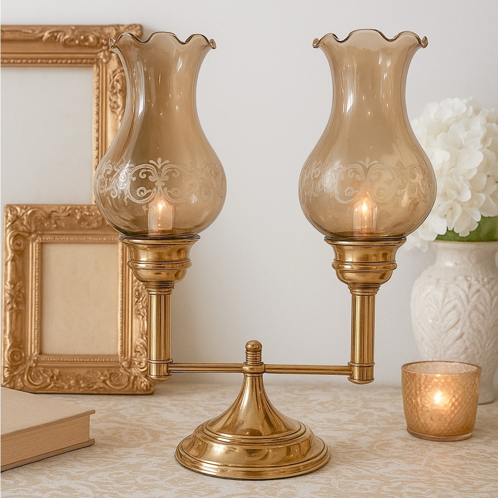 Vintage Brass Hurricane Double Candle Holder Lamp with Amber Glass